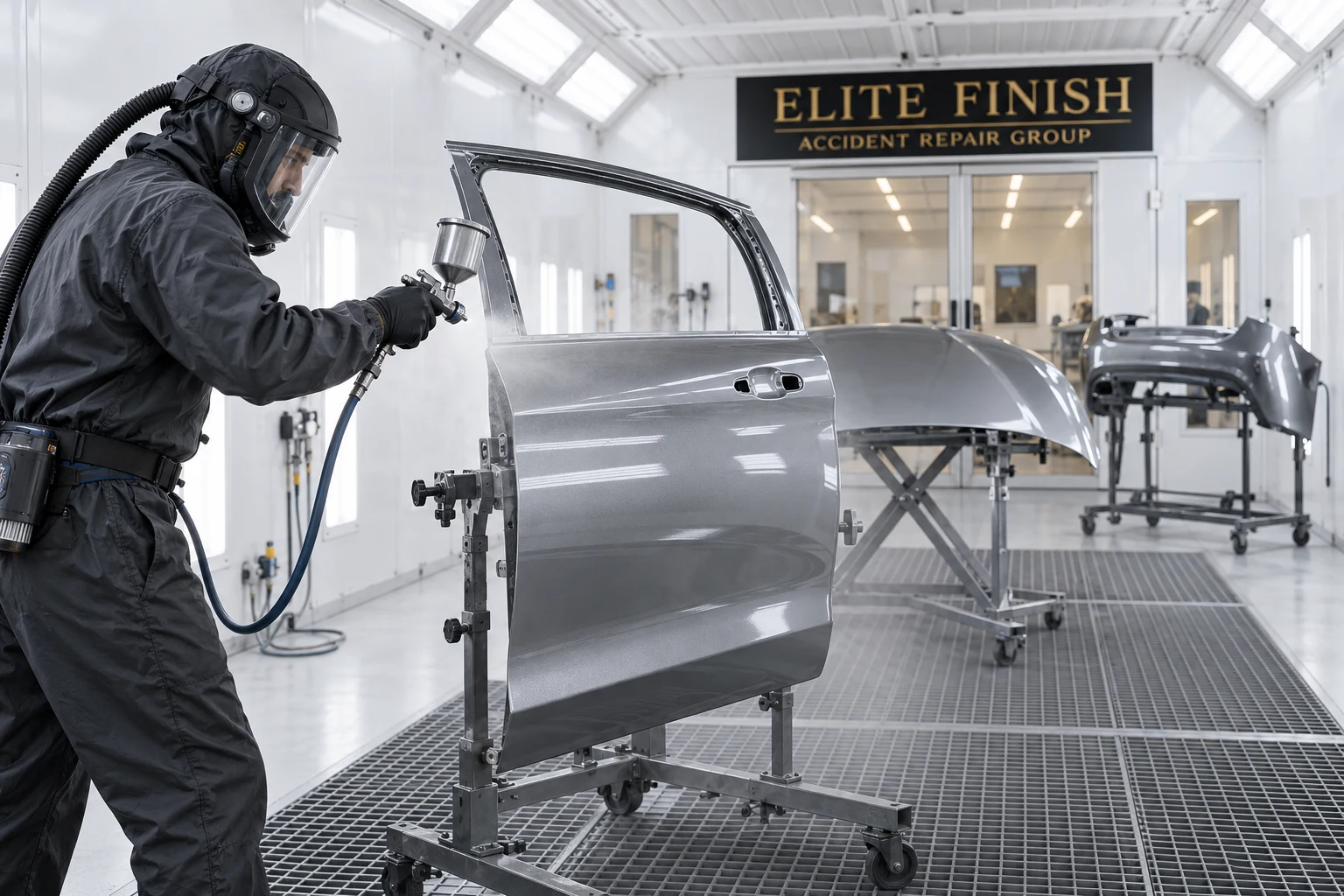 Detached vehicle panels being refinished in an illustrative Elite Finish spray booth
