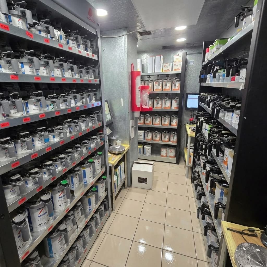 Paint mixing room stocked with a range of automotive paint brands and colour mixing equipment