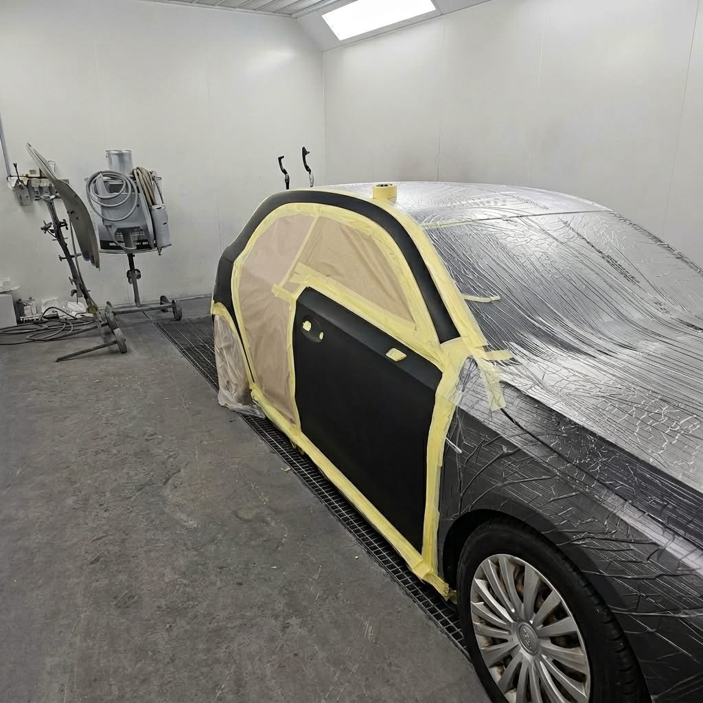 Vehicle masked and prepared for paint refinishing inside a spray booth