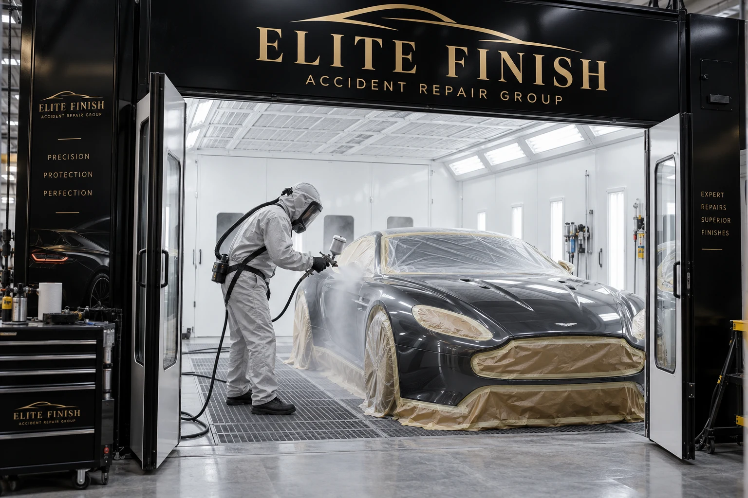 Concept view of a technician refinishing a sports car in a spray booth