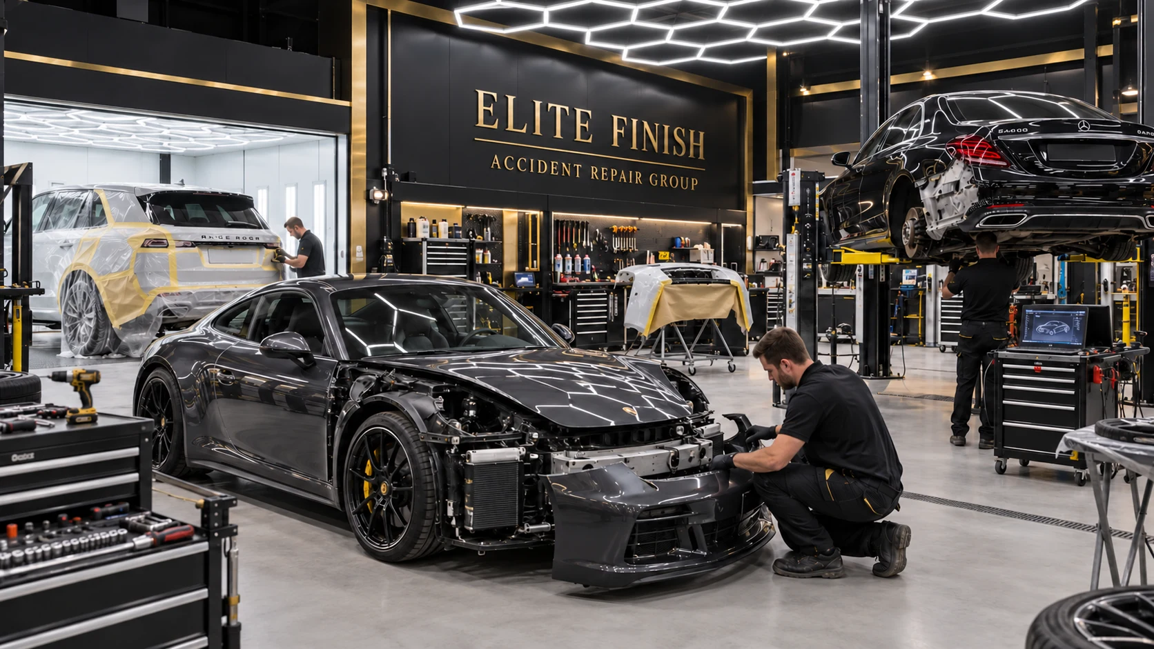 Illustrative Elite Finish workshop with premium vehicles undergoing repairs